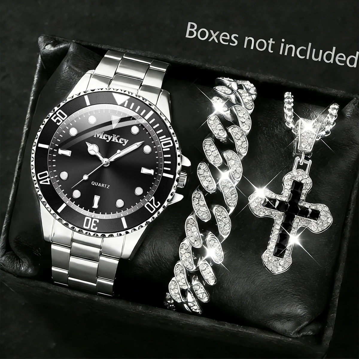 3PCS Luxury Large Dial Men Business Watches Stainless Steel Band Sports Wristwatch Bracelet Necklace Set（Without Box）