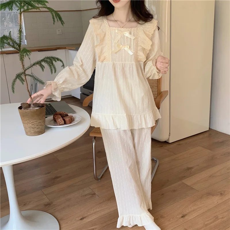 Lace Cotton Pink Cute Summer Long Sleeve Pajama Set Women Girlish Style Princess Sleepwear Solid Elegant Casual Simple Sleep Top