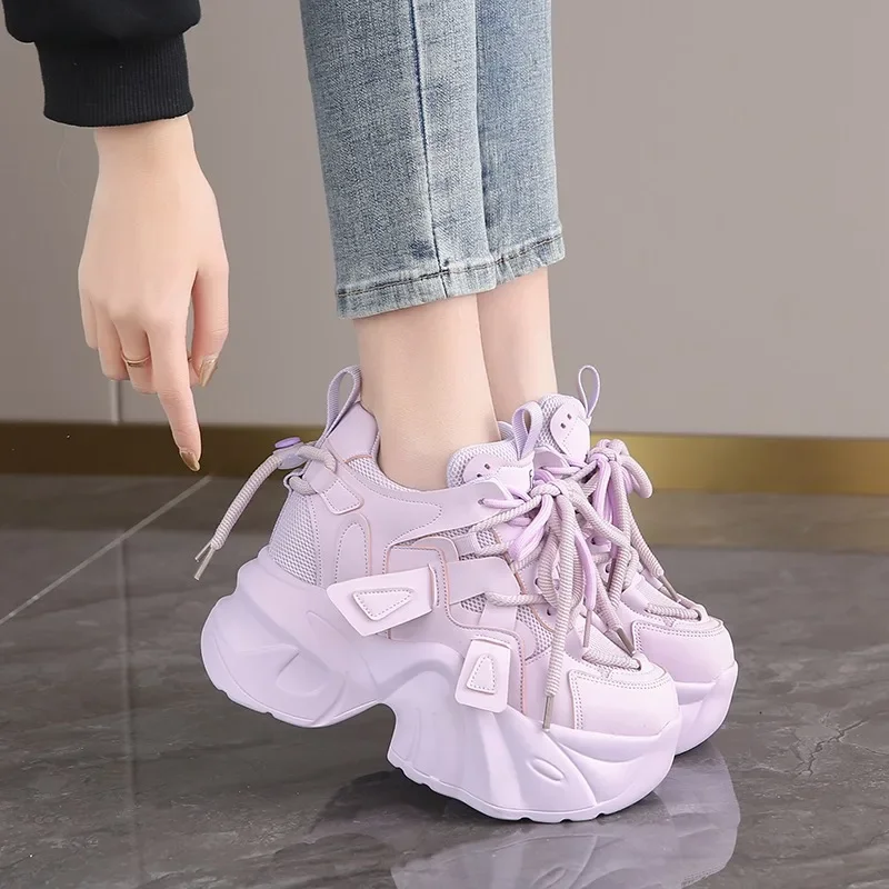 7CM Women Casual Leather Sneaker Autumn Lace up High Platform Shoes Thick Sole Sport Dad Shoes Woman Sneakers Chaussure Femme