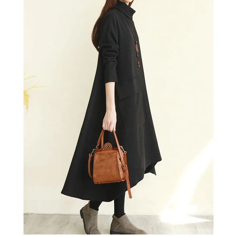 Fashion Turtleneck Pockets Irregular Casual Dresses Women Clothing 2023 Autumn Winter Loose Korean Tops Asymmetrical Midi Dress