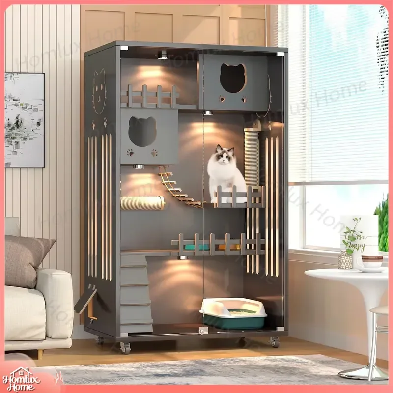 Large Cat Villa 3 Tier Luxury Solid Wood Rectangular Cage House Indoor Pet Bed with Hook Loop Closure Sustainable Furniture