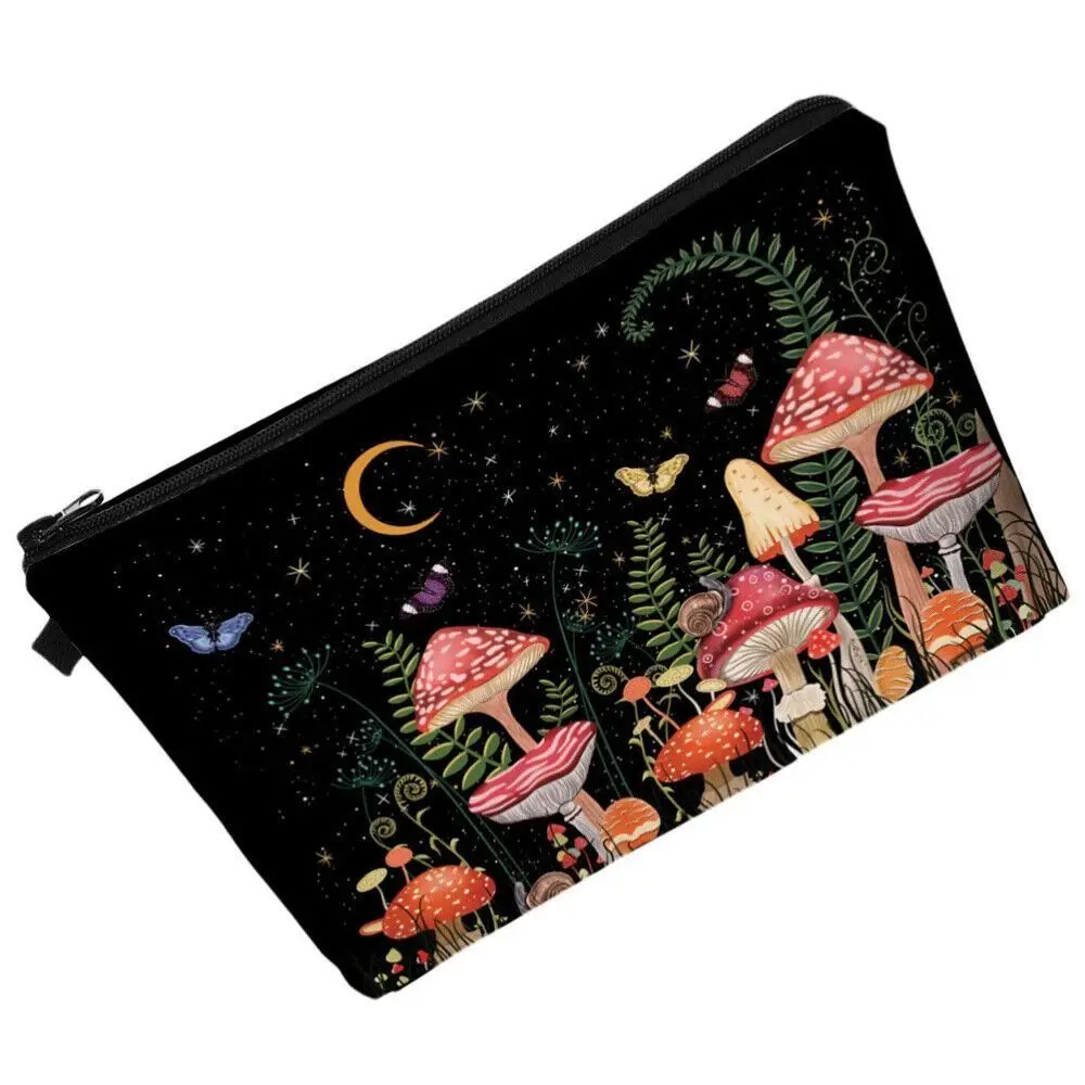 

Cute Mushroom Print Cosmetic Bag Polyester Zipper Coin Purse Large Capacity Key Card Holder