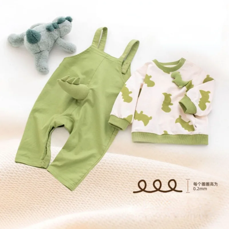 Spring Toddler Boys Overalls 3D Dinosaur and Hoodies Set Baby Cotton Pullover Cartoon Sweater Set with Pants Children Clothes