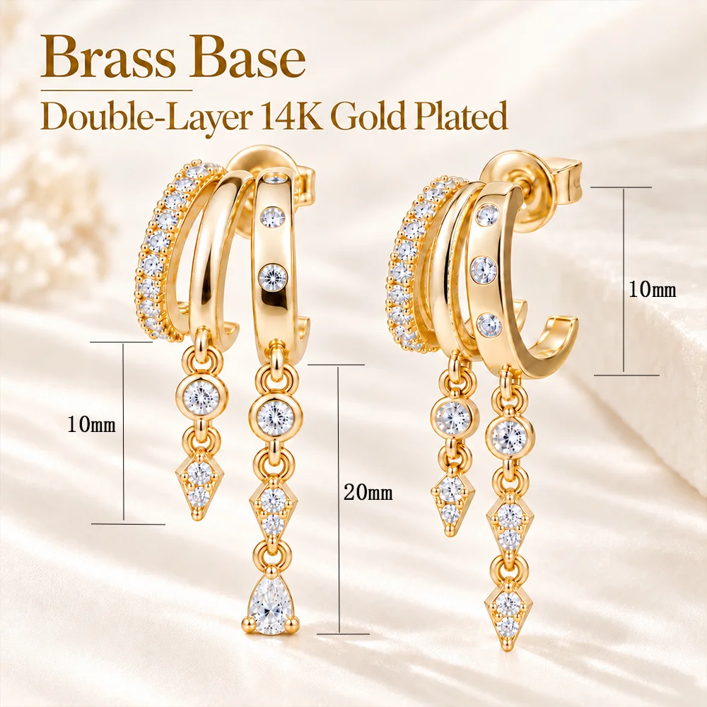 Moonmory Original Design Luxus-Birnen-Ohrringe für Damen mit Messing, 14K vergoldet, dreifache zarte Tropfen-Ketten-Ohrstecker – Detail 10