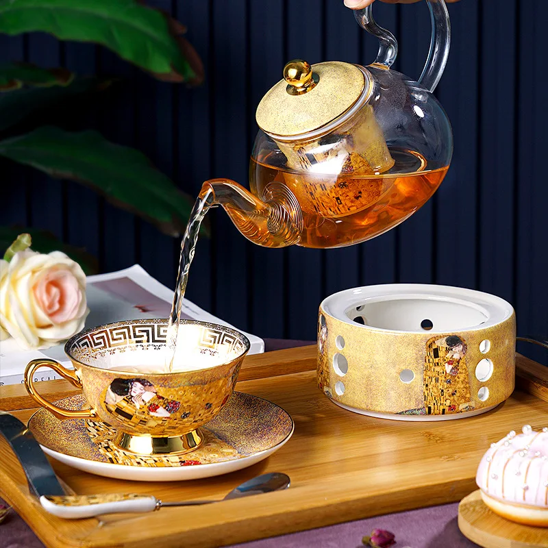 Luxury Bone China Coffeeware Set Klimt Kiss Adela Coffee Pot with 4 Coffee Cups Scaucer Ceramic Water Mugs Teacup Home Drinkware