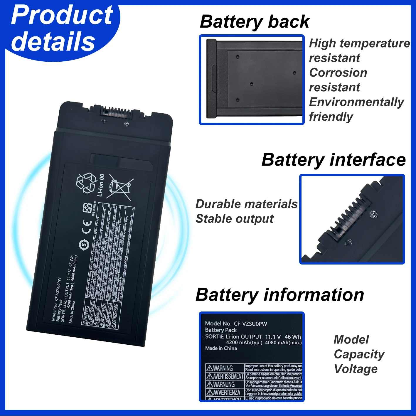 CF-VZSU0PW 11.1V 46WH 4080mAh Laptop Battery For Toughbook CF-54 MK1 MK2 Lite Performance Prime Gloved Multi Touch CF-VZSU0GJS