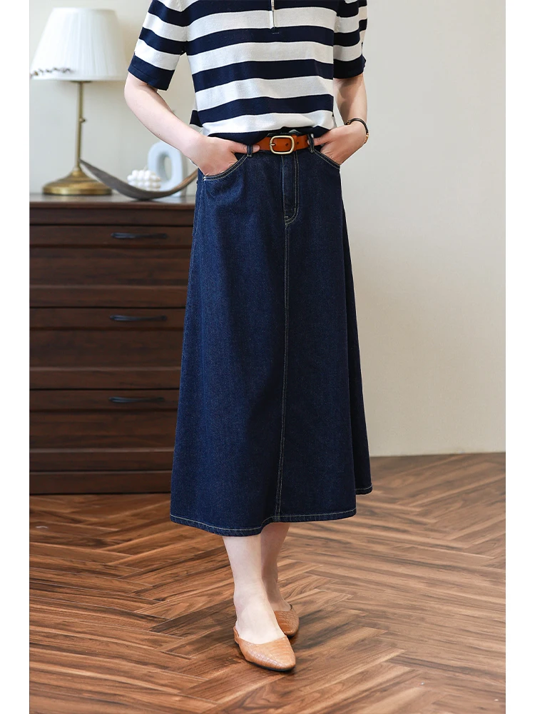 

Ретро-юбка А-силуэта из темно-синего денима с высокой талией, стройнящая, универсальная, средней длины, повседневная, из хлопка, приталенного кроя, осенняя новинка