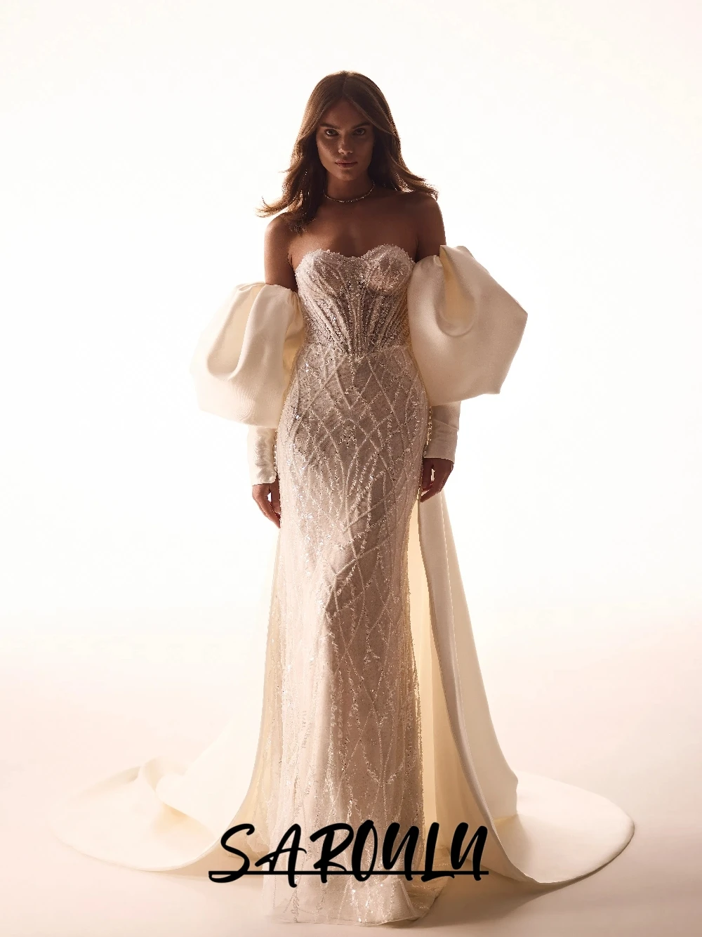 

Роскошное свадебное платье с блестками из бисера и накидкой большого размера, привлекательное элегантное свадебное платье с вырезом в форме сердца по индивидуальному заказу