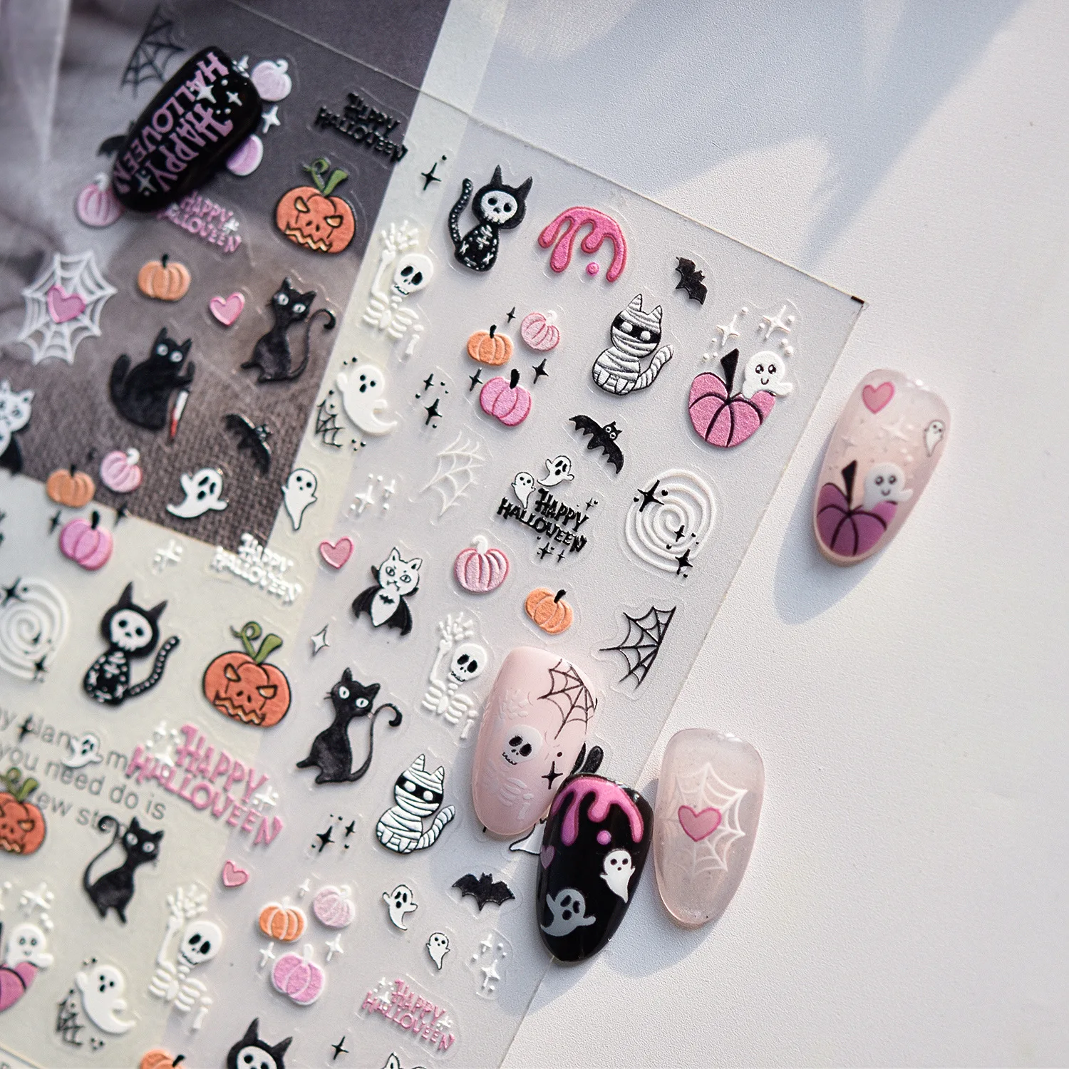 1pcs 5D Embossed Pink Pumpkin Halloween Nail Art Stickers Black Cat Little Ghost Vampire Bat Self-Adhesive Nails Decals Supplies