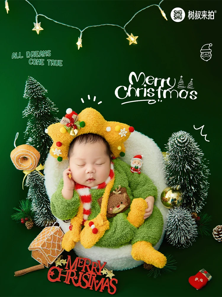 新生児クリスマス写真撮影衣装かわいいクリスマスヘッドバンド + ジャンプスーツ + 手袋 + スカーフ + 靴下ベビーコスチュームキットスタジオベビー撮影小道具