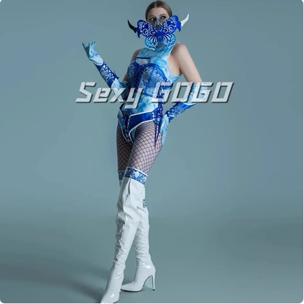 Gogo Dance Outfit Tie Dye Romper Vlindermasker Chinese stijl Zangeres Danser Prestaties Kostuum Drag Queen Kleding