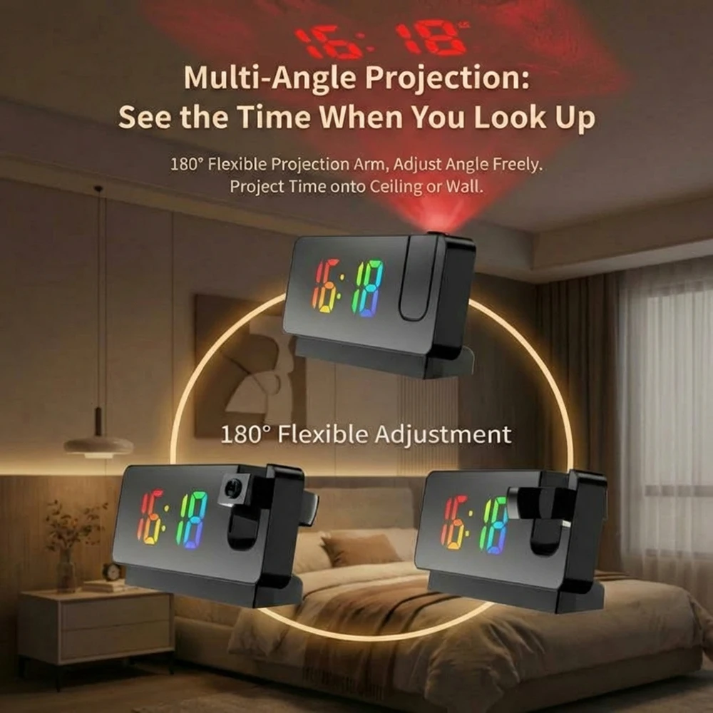 Digital Projection Alarm Clock Rotatable Ceiling/Wall Projector Indoor Temperature for Bedrooms Office Bathroom Smart Home Decor gallery 4