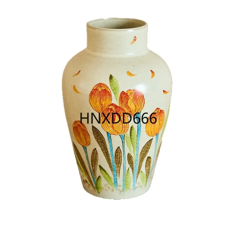 

New Chinese-style hand-painted tulip ceramic vase, retro country style living room hydroponic dry flower arrangement vase