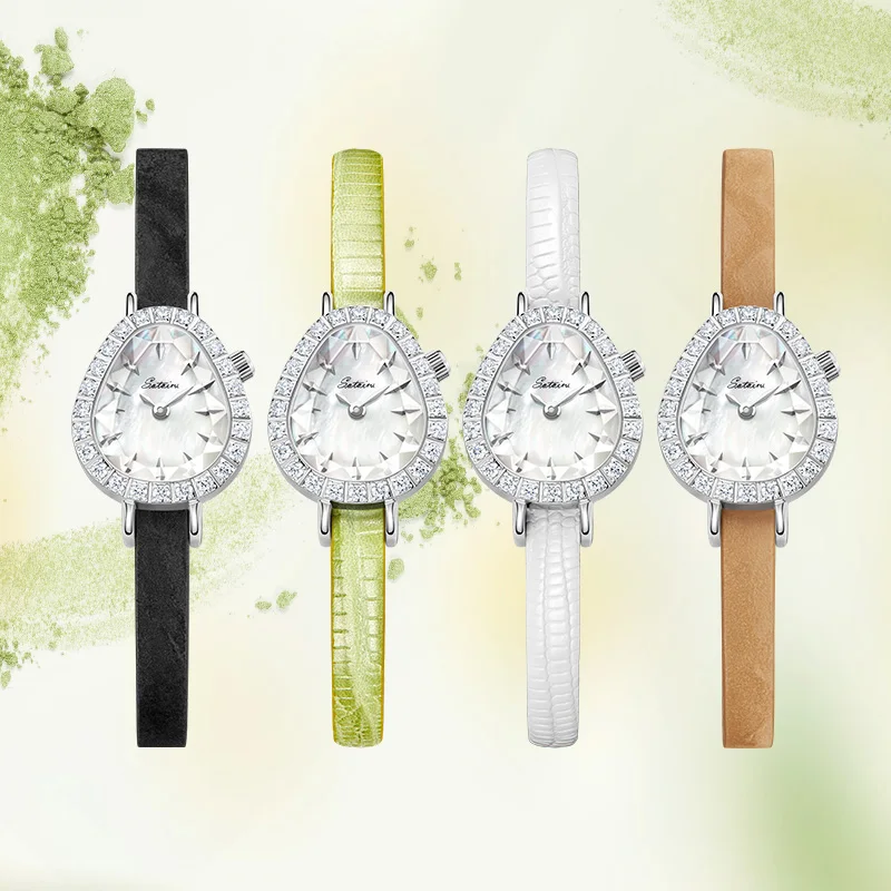 Sotoiru Watches For Women 2025 Trend Summer Limit Luxury Green Leather Quartz Watch Party Jewelry Set For Women Gift 3pcs/Set