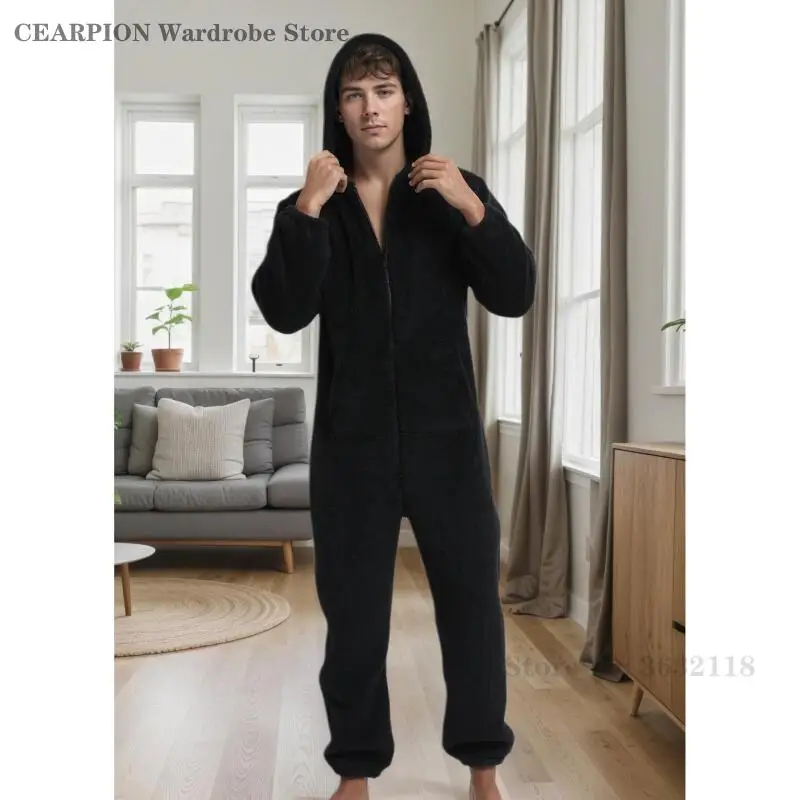 Autunno Inverno Uomo Spessore Corallo Pile Degli Indumenti Da Notte Con Cappuccio Caldo Pigiama di Un Pezzo Maschile Plus Size Indumenti Da Letto Allentato Casual Abbigliamento Per La Casa