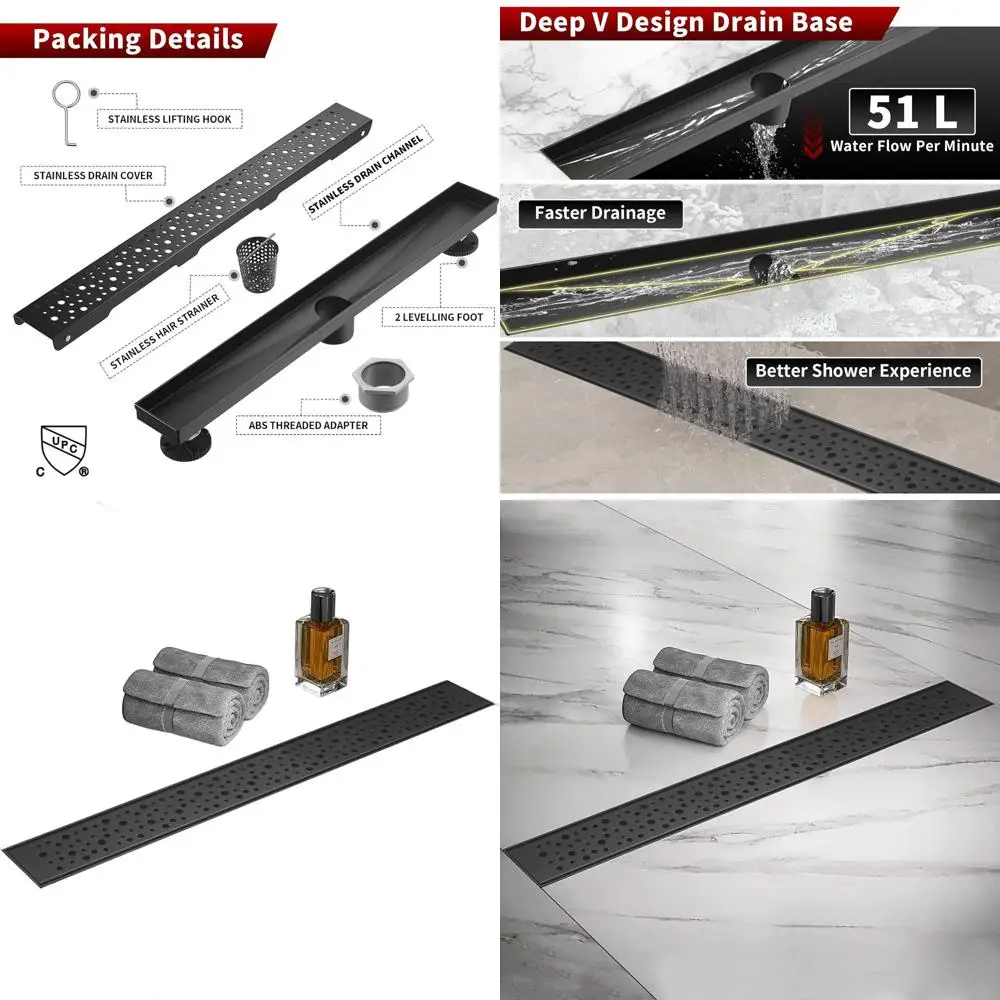 

Black 36 Rectangular V-Shape Shower Drain, 304 Stainless Steel, cUPC Certified (Base Not Included)