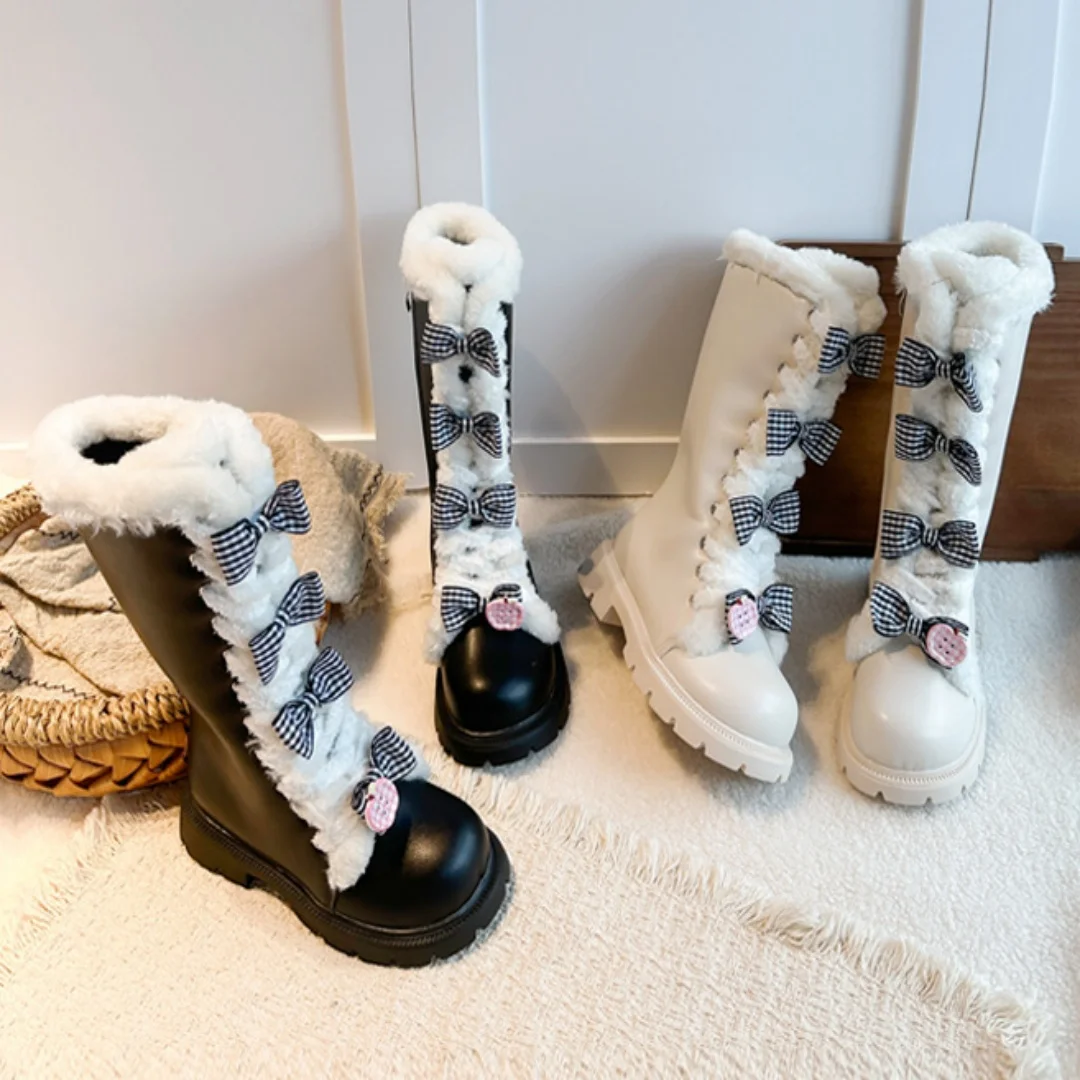 Kids'Snow Boots PU Leather Bow Winter Fashion Outdoor Thick Bottom Shoes For Children Warm Anti-slip Black White Size 26-36