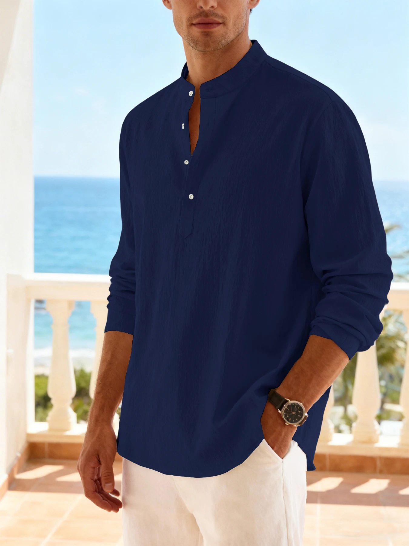 Men's Casual Vacation Shirts Lightweight Long Sleeve Henley Collar Shirts Beach Solid Color Breathable Shirt for Men Streetwear