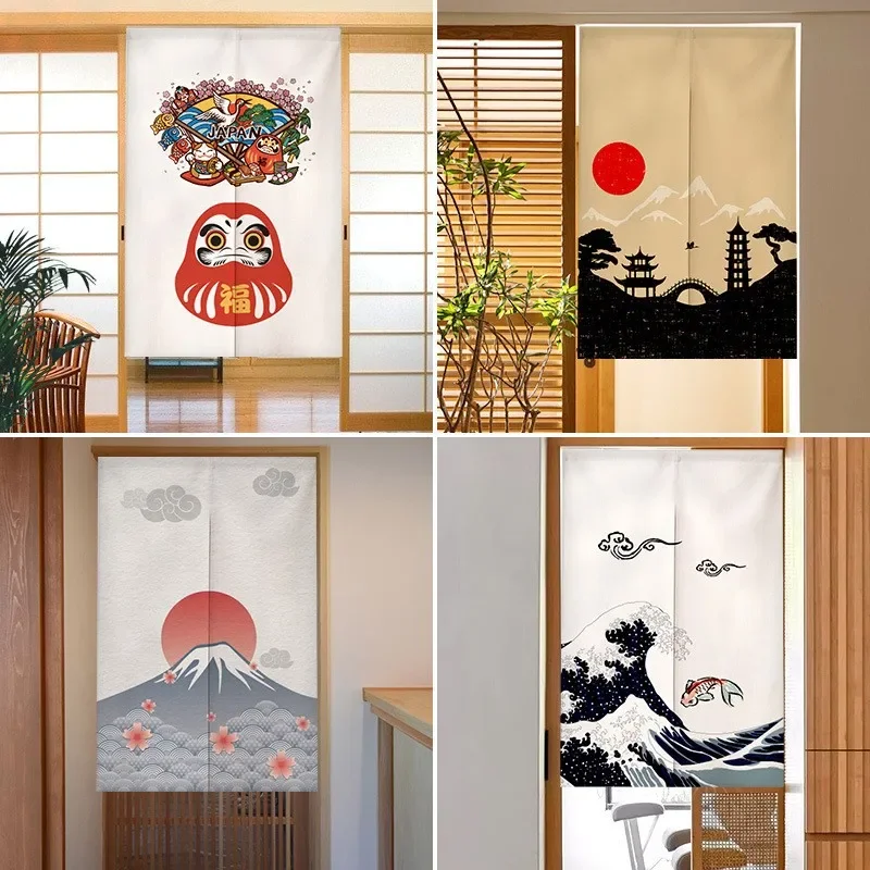 VIKAMA Japanese Ukiyo-e Noren Door Curtain Fuji Wave Print Hanging Divider for Kitchen Bathroom Bedroom Home Decor