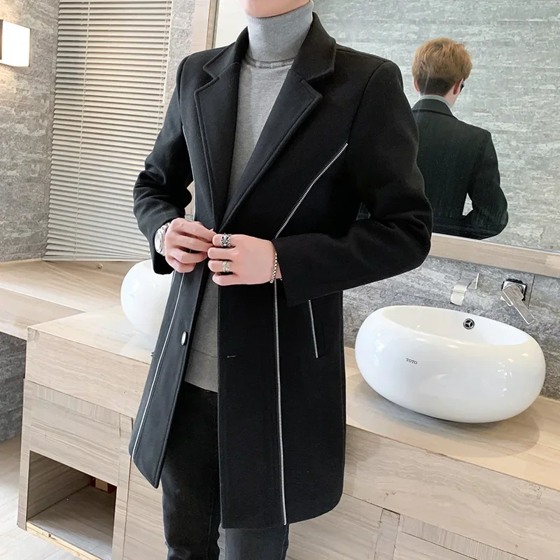 Elegant Sky Blue Man Coats Long Jackets Mens Vintage Winter Long Trench Coats Slim Fit Retro British Woolen Overcoat White Khaki