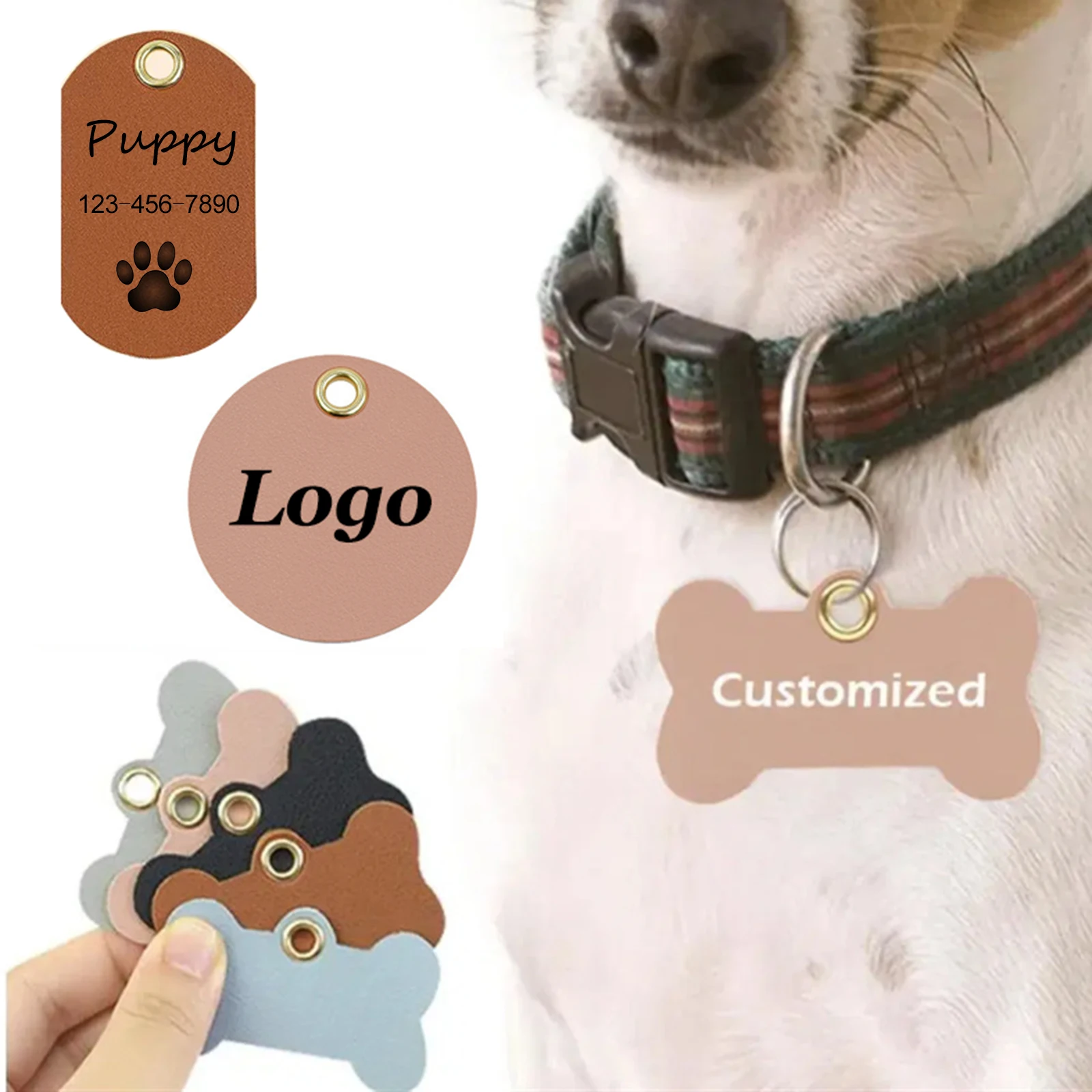 Personalized Leather Dog tag  Engraved Pet ID Collar Tag Custom Round Rectangle Bone Pendant Leather Tag Gift 5 Colors Dropship