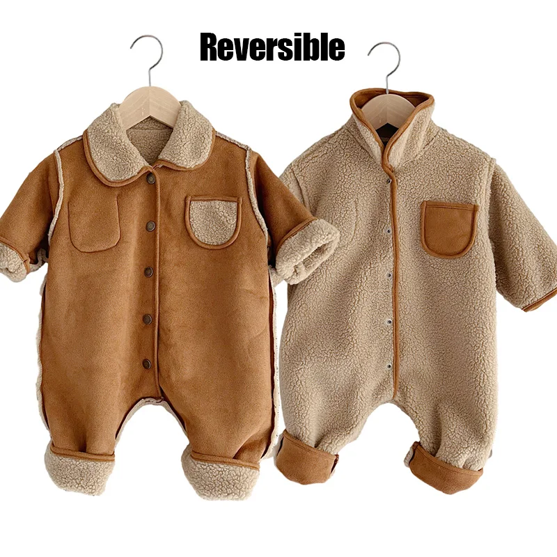 Baby Winter Romper Brown Plush One-Piece Clothes Kids Jumpsuit for Boys Girls Korean Toddler Infant Outfit 0-24M