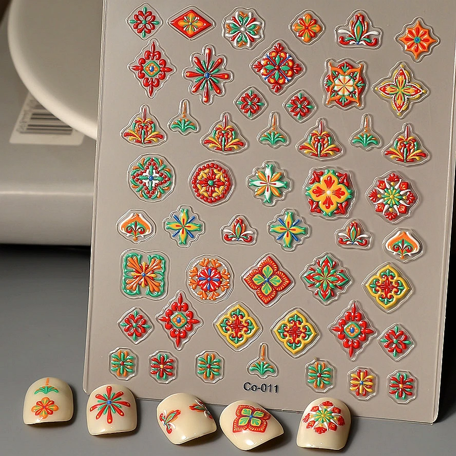 

5D Embossed Bohemian Pattern Nail Art Stickers Retro Elegant Embroidery Boho Style Flower Decals Nails Decoration Supplies Tool