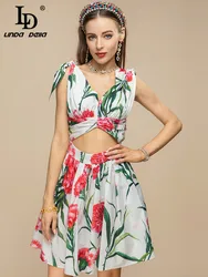 LD LINDA DELLA Designer 2023 Summer Holiday Cotton Dress Women Bow V-neck carnation Flower print Sexy Backless Dress