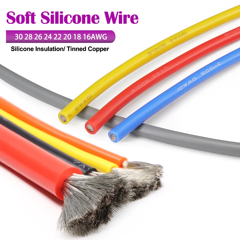 

10/20/50M Soft Silicone Power Cable 30 28 26 24 22 20 18 16AWG Heat Resistant Car Battery LED Light Tinned Copper Wire Line
