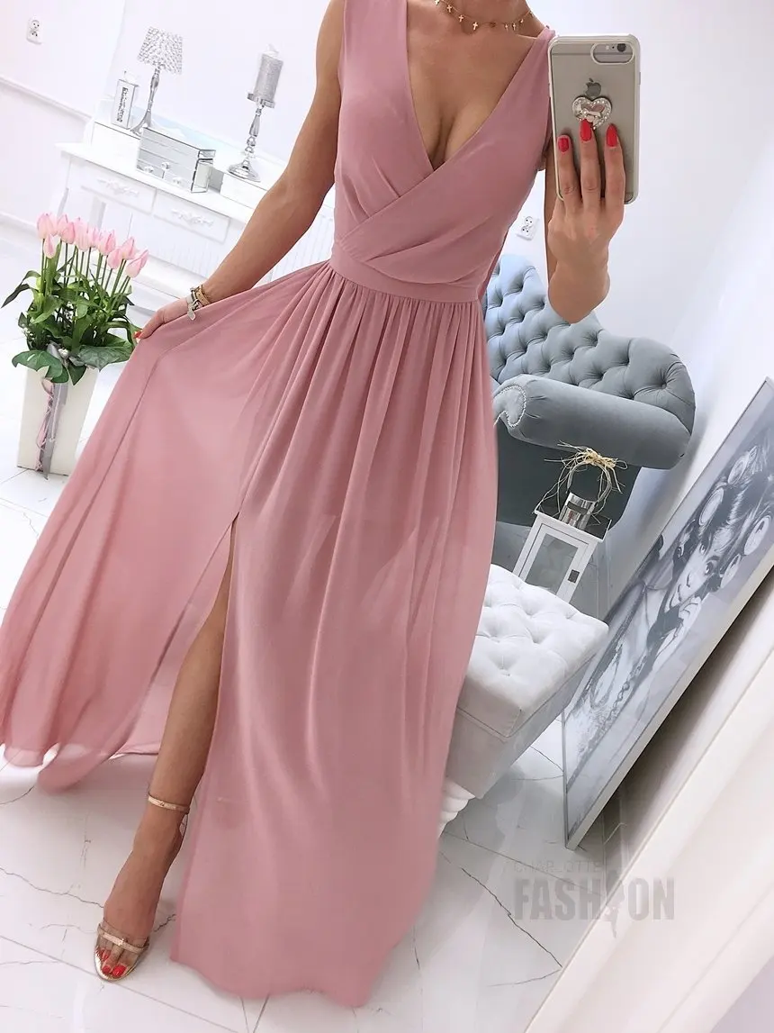 Summer New Sleeveless Solid Color V-neck Dress Women Pullover Polyester High Waist Dress