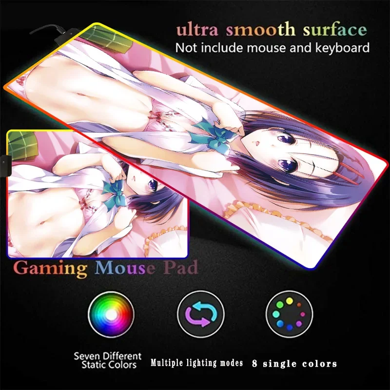 Sexy Anime Girl  Gaming Mouse Pad Wood Texture Diode 7 Color Lighting LED Large RGB Mouse Pad Non-slip Wear-resistant Universal