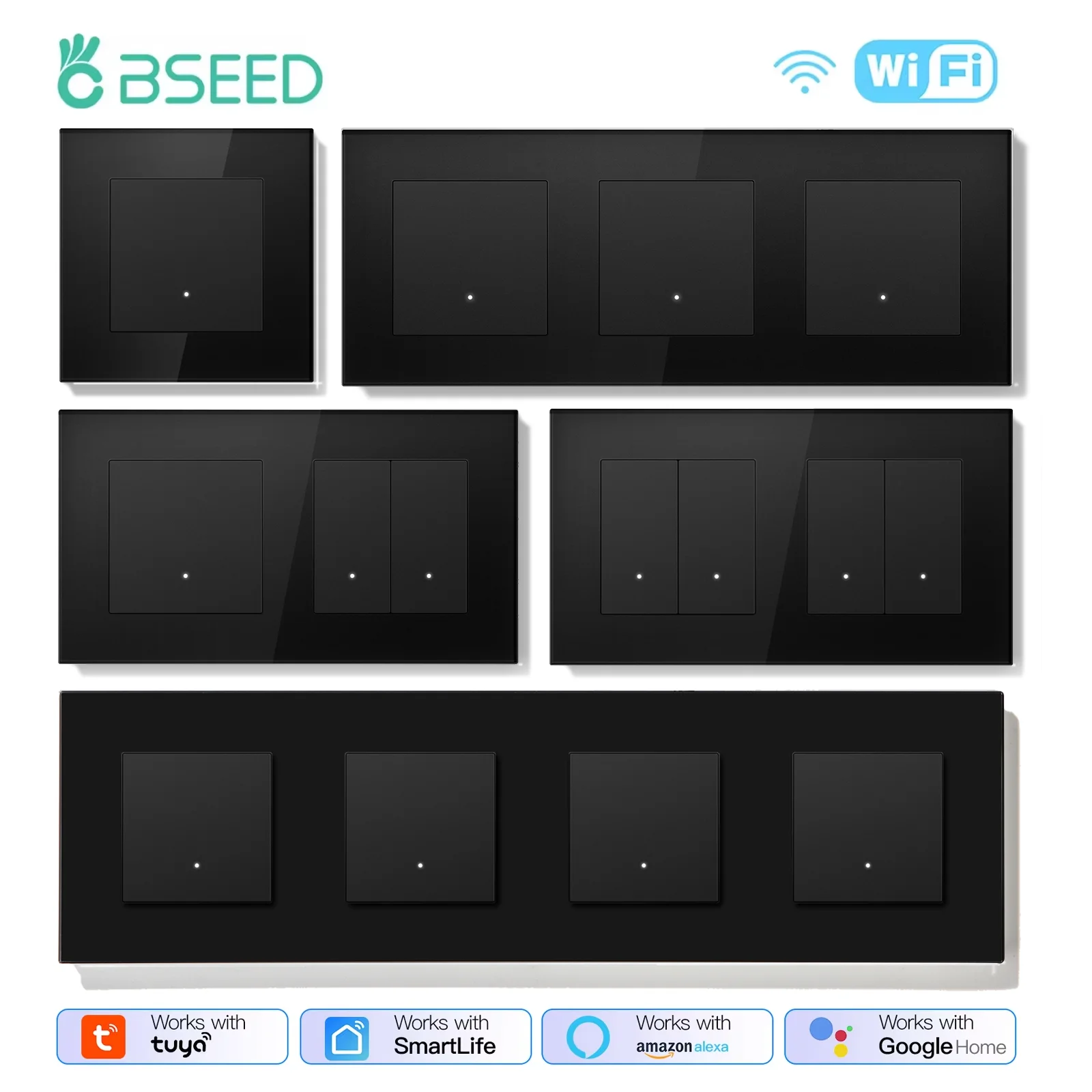 BSEED 1/2/3Gang Wifi Light Switches Mechanical Smart Click Buttons 1/2/3Way Tuya Smart Life Alice App Control Glass Frame Black