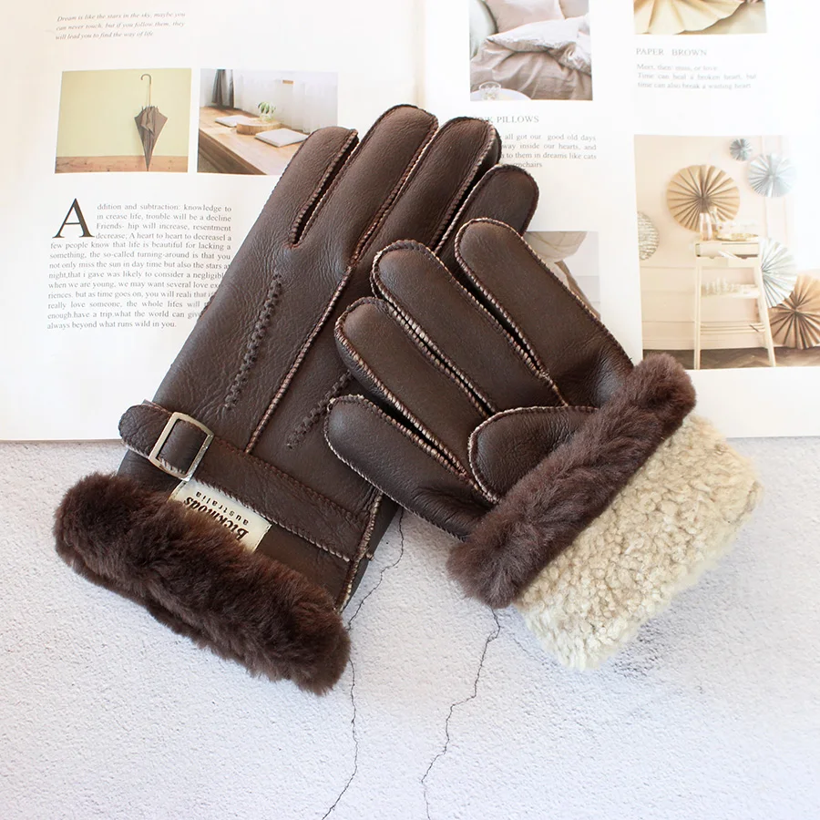 Sheepskin Fur Gloves Men\'s Thick Winter Warm Large Size Outdoor Windproof Cold Hand Stitching Sewn Leather Finger Gloves