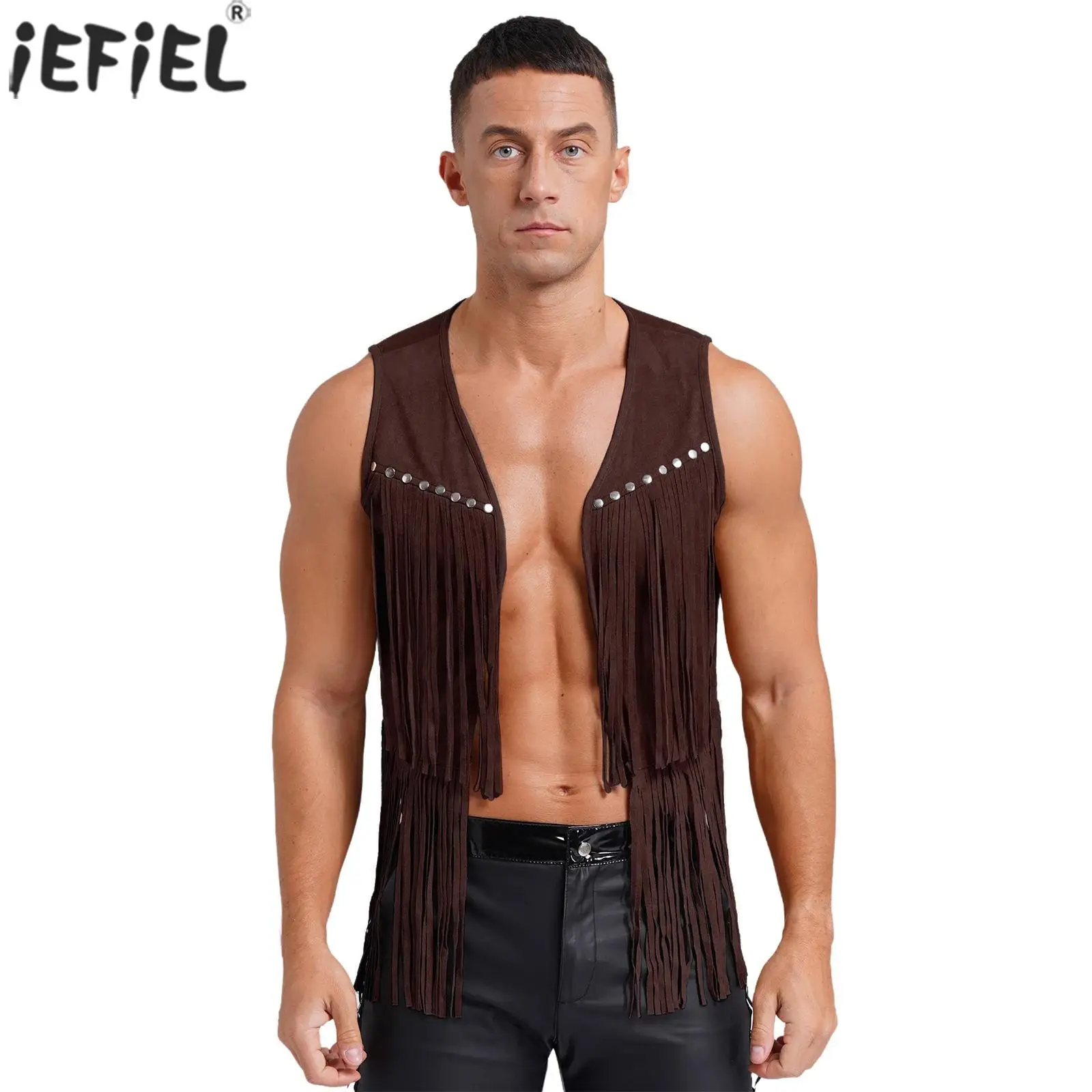 

Stylish Vantage Coat Men Tassel Western Cowboy Cardigan Sleeveless Open Front Fringe Waistcoat for Halloween Party Cosplay Wear