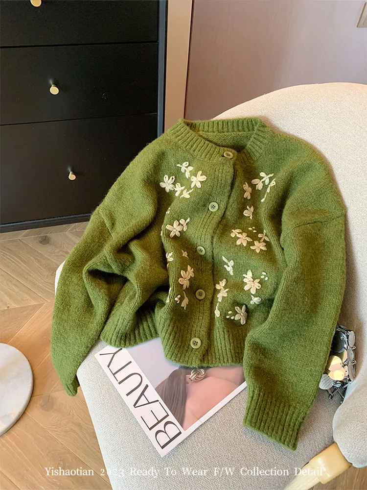 Cardigan Confortable Vintage Américain avec Broderie de Fleurs, Pull Bohème, Haut en Cachemire Vert, Esthétique des Années 2000, Automne et Hiver,