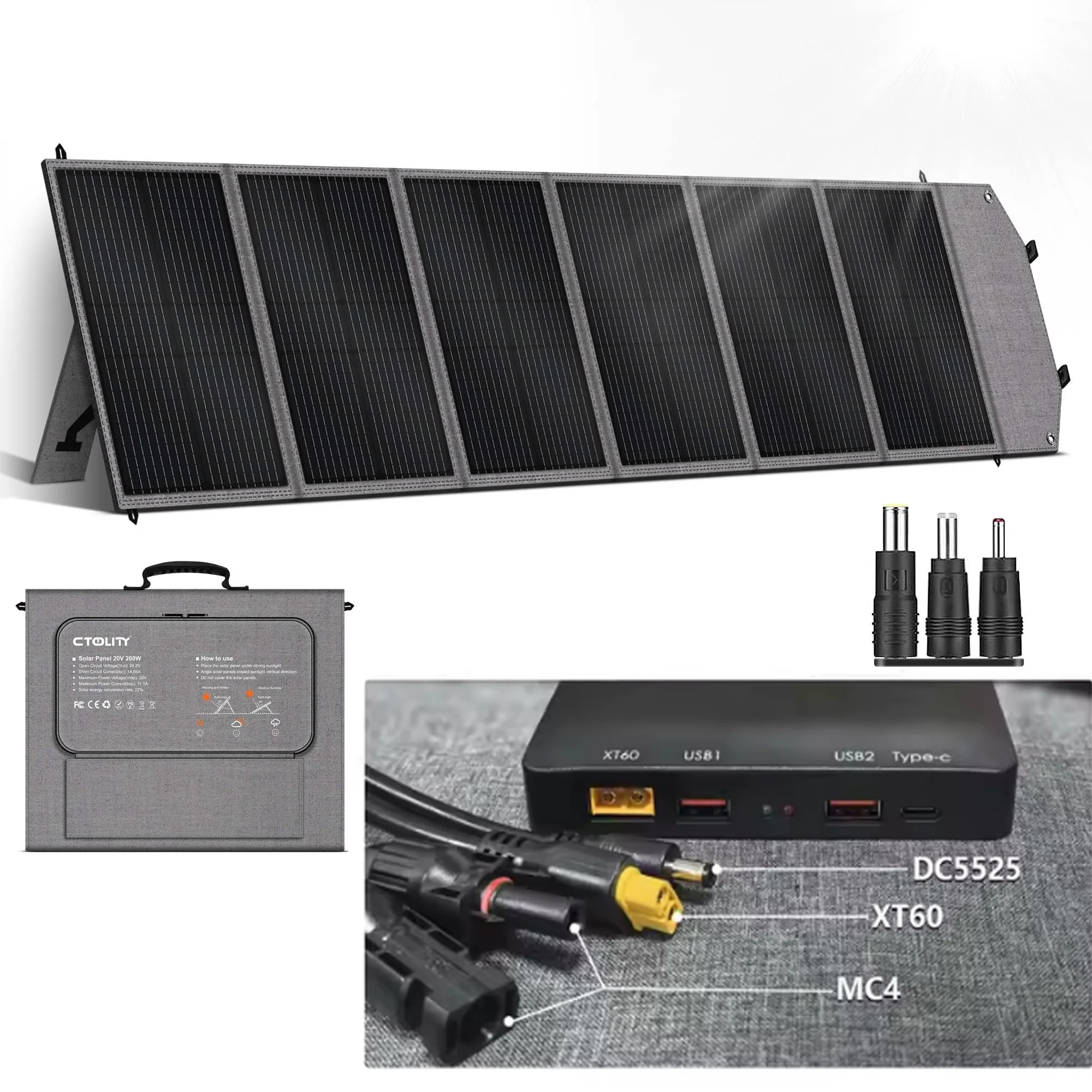 CTOLITY SPC200 Bijgewerkt 200W opvouwbare zonnelader 20,5V draagbaar zonnepaneel IP68 waterdicht Power Backup Power Station RV Camp - afbeelding 1