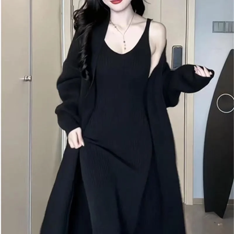 2023 Autumn Korean Elegant Knitted Long Cardigan Set Women Outwear Office Lady French Cardigan + Casual Slim Midi Party Dress