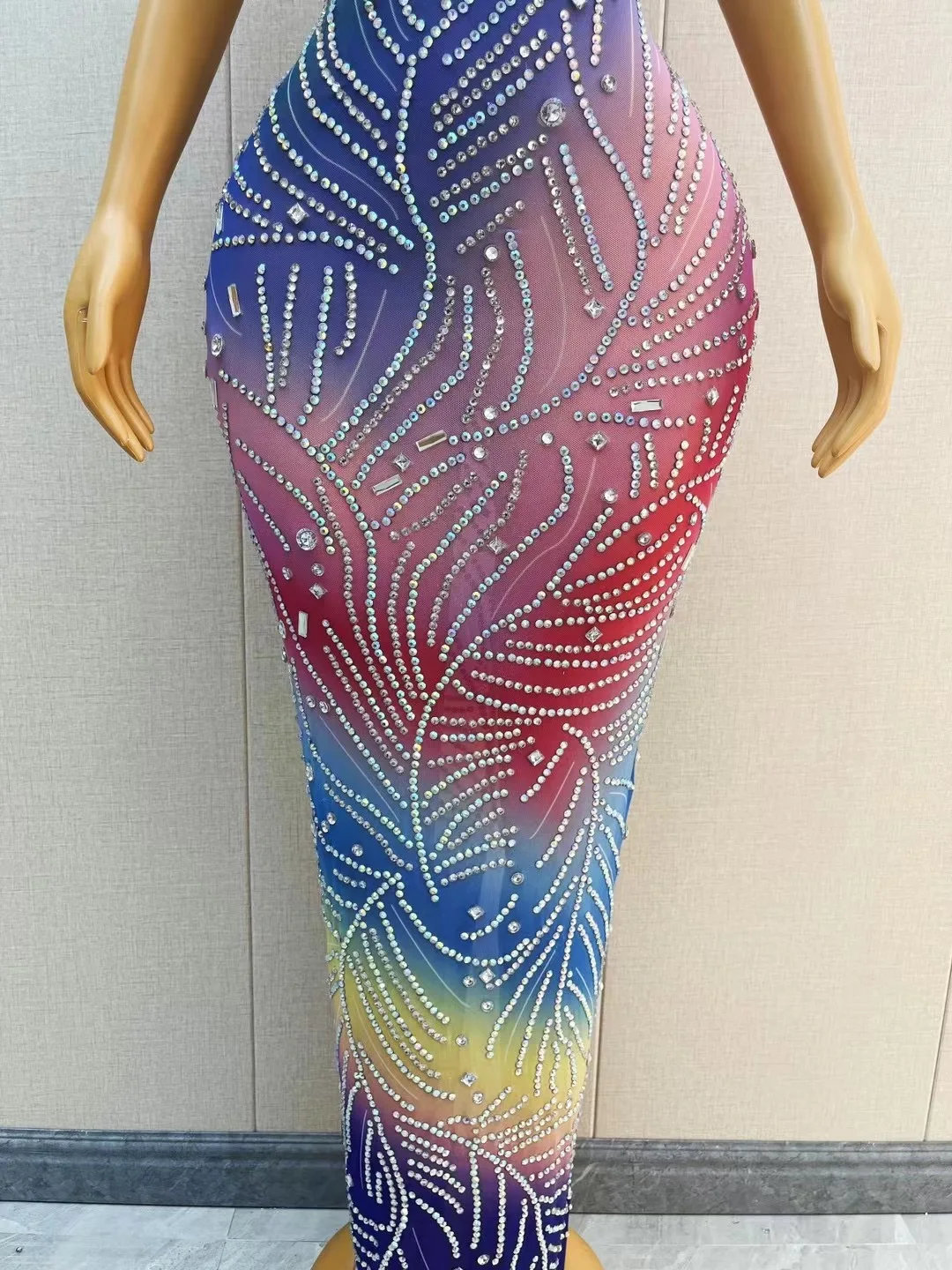 Rhinestones Transparent Colorful Sleeveless Dress Birthday Celebrate Dresses Evening Dance Team Performance Costume yinsi