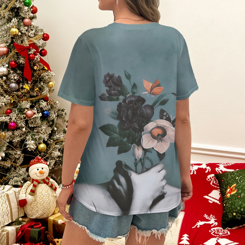 Green Flower Butterfly Pattern Women's Casual T-shirt - Art Style Round Neck Short Sleeve