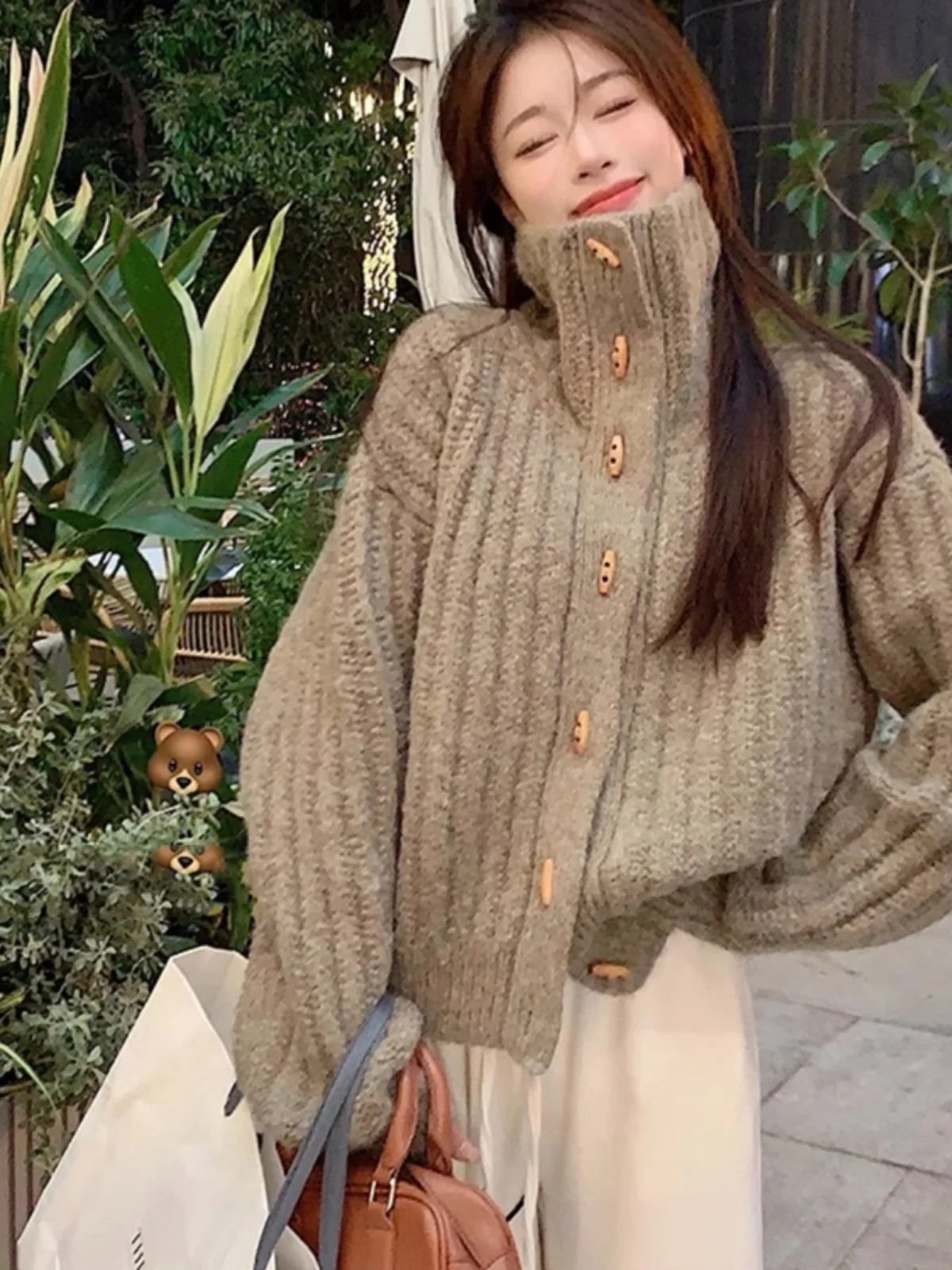 

Women's Knitted Sweater Coat Spring Autumn Thiened Long Sve Loose Fit High Collar Button up Soft Cozy Korean Sle Top