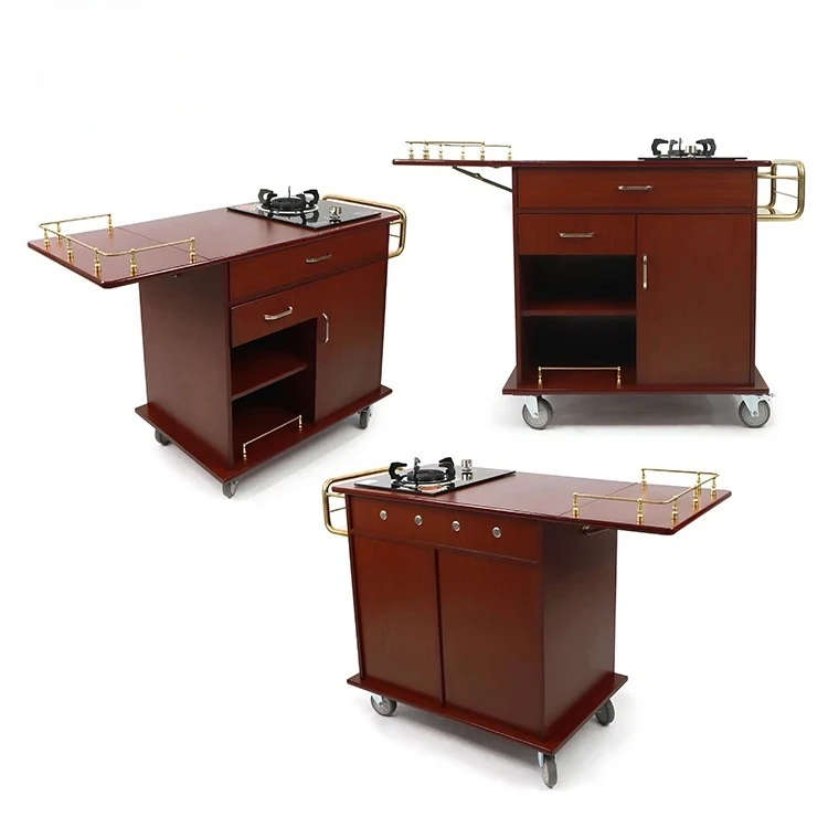Solid Wood Flambe Trolley for Hotels and Restaurants Elegant Cooking Tool Cart