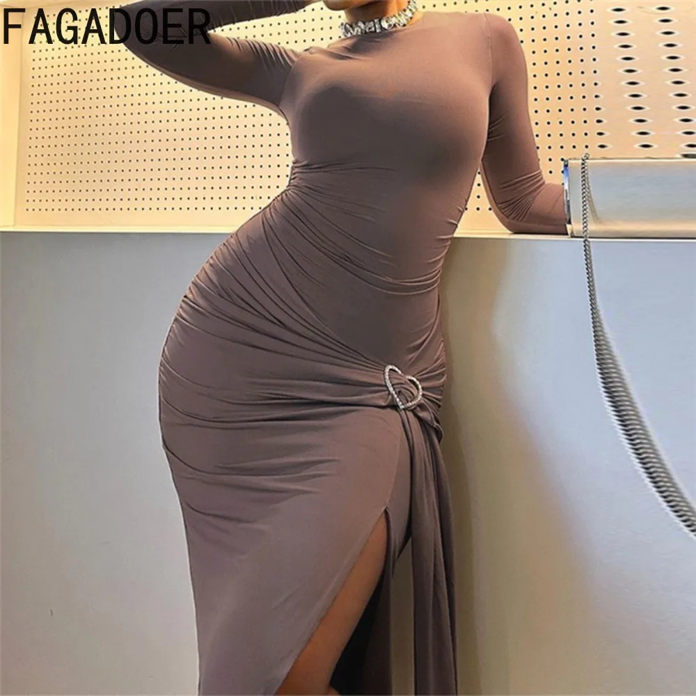 Fagadoer-vestido longo das mulheres, sexy, ruched, irregular, lace-up, bodycon, manga longa, em torno do pescoço, fenda, sólido, moda, 2024