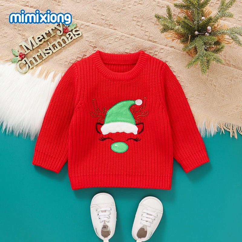 

Toddler Boy Girl Christmas Sweaters 1-3Y Red Green Round Neck Full Sleeve Knitted Newborn Infant Knitwear Toddler Outwear Jumper