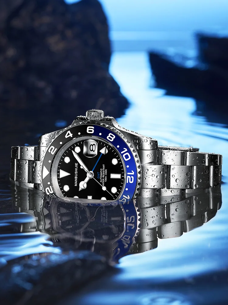 شعار مخصص GMT ساعات رجالية فاخرة أوتوماتيكية ميكانيكية ساعة اليد الياقوت الزجاج 40MM الفولاذ المقاوم للصدأ ساعة مقاومة للماء
