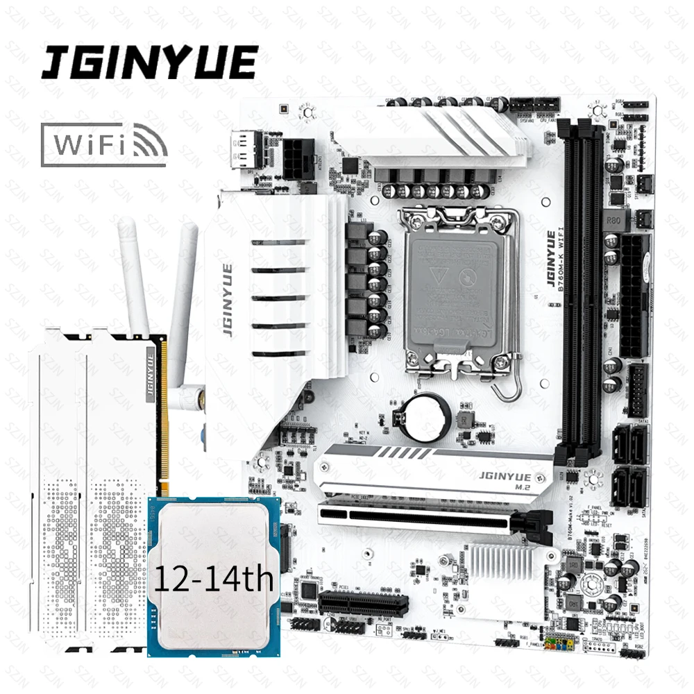 JGINYUE B760M Motherboard Cpu Set with Onboard WIFI 12-14th Core DDR4 3200MHz Onboard AX201 WIFI Support M.2 NVME Gaming Combo