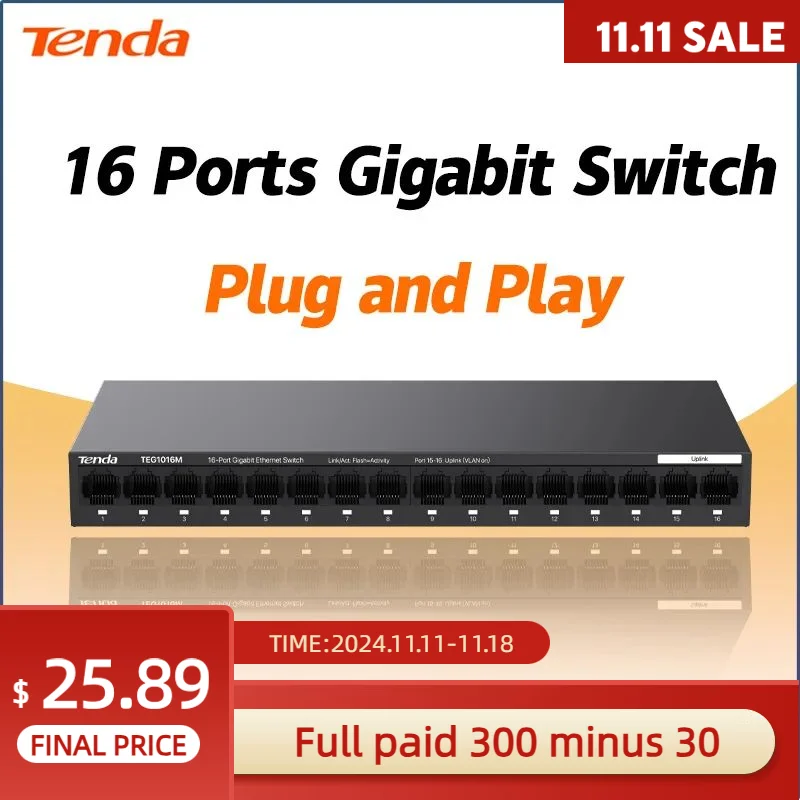 Tenda 16 Port Gigabit Switch 1000Mbps Desktop PC Switch Hub Network Full/Half Duplex Vlan  Ethernet Switch Camera Asic Miner