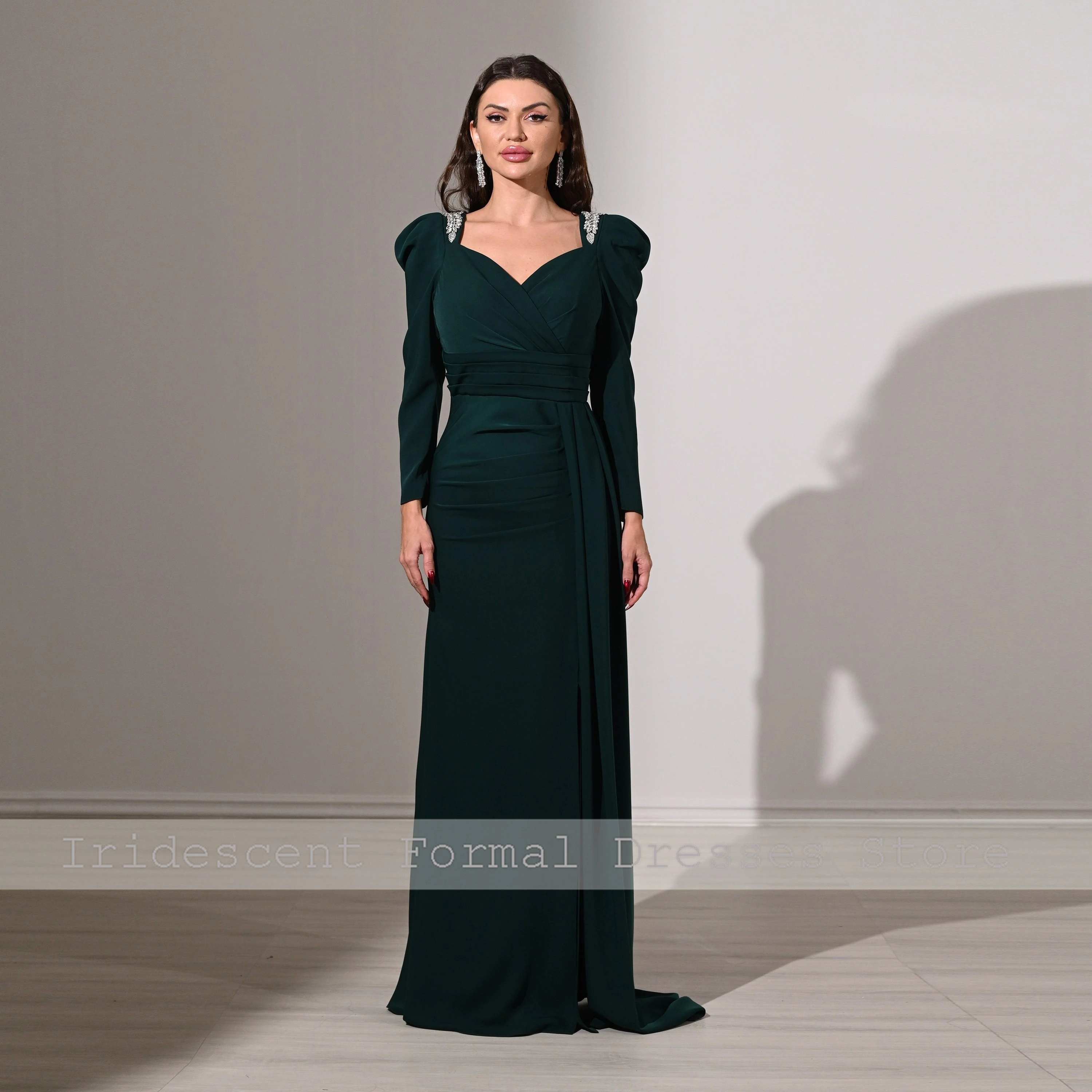 Vestidos de noite longos personalizados com fenda cristal vestido de festa de luxo feminino decote em v moderno plissado até o chão vestidos de baile