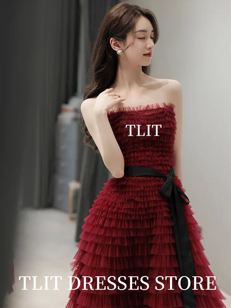 TLIT Elegant Rozerood Plooien Tule Gelaagde Avondjurk Strapless  aosМ Esperendus?vanie Zwarte Sjerpen Enkellange Gala Op maat