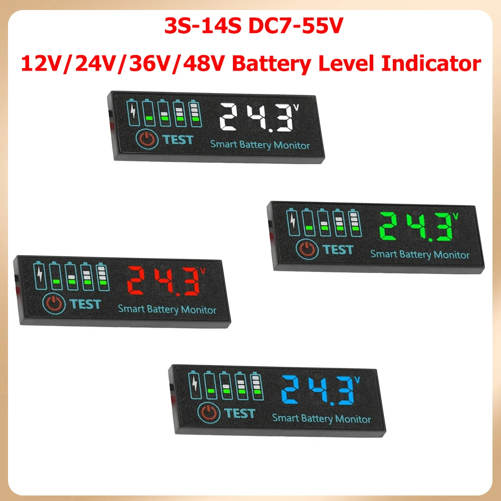 7-55V Battery Capacity Indicator LED Display Voltage Meter for Li-ion LiFePO4 Lead Acid Battery with Customizable Alarm Settings