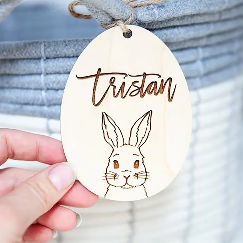 Personalized custom rabbit Bunny happy Easter party Egg Hunt basket Bucket bag Name Tag Ornament children kid boy girl gift sign